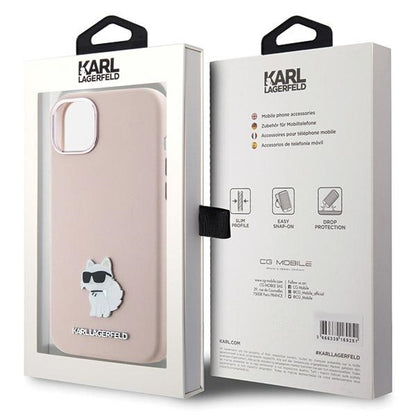 Étui pour Apple iPhone 15 Plus, Karl Lagerfeld, Silicone Choupette Métal, Rose