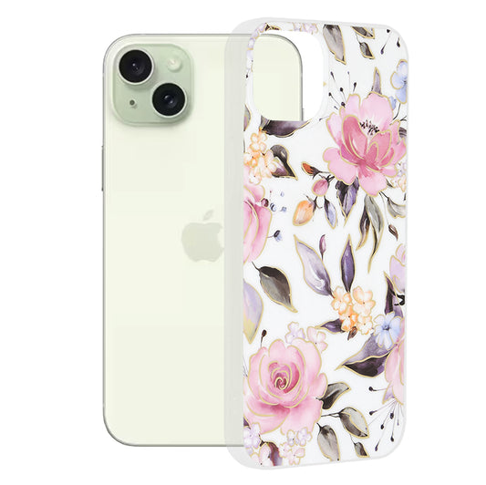 Hülle für Apple iPhone 15 Plus, Techsuit, Marble, Weiß