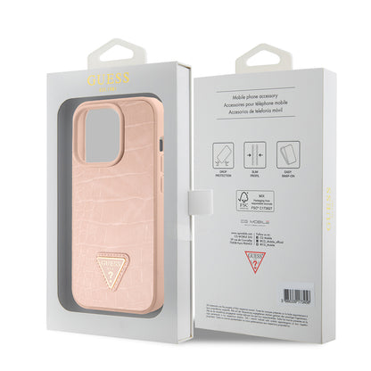 Étui pour Apple iPhone 15 Pro, Guess, Croco Triangle Metal Logo, Rose
