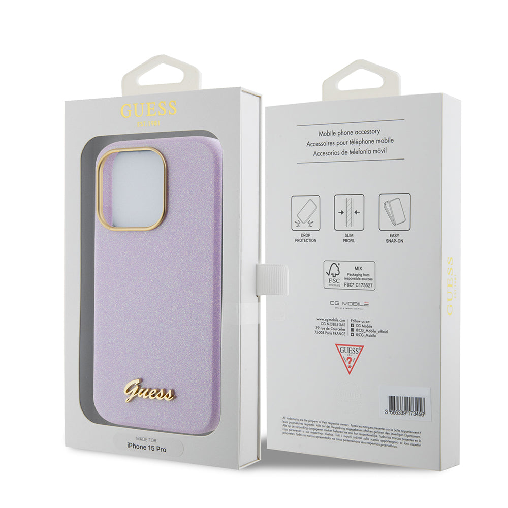 Étui pour Apple iPhone 15 Pro, Guess, Glitter Glossy Script, Violet Clair