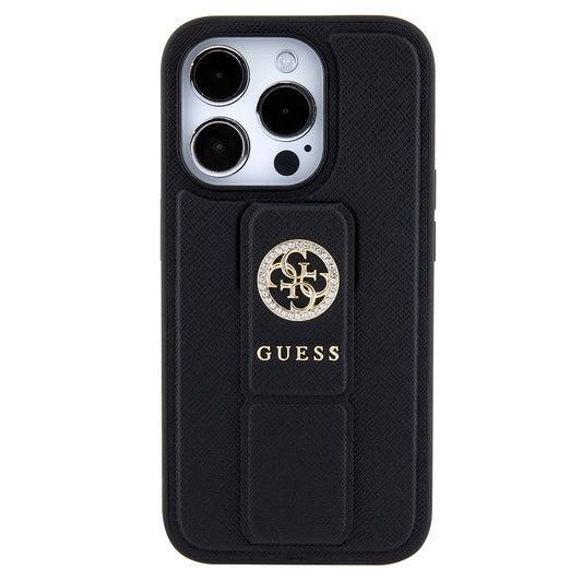 Étui pour Apple iPhone 15 Pro, Guess, Grip Stand 4G Saffiano Strass, Noir