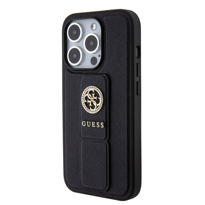 Étui pour Apple iPhone 15 Pro, Guess, Grip Stand 4G Saffiano Strass, Noir