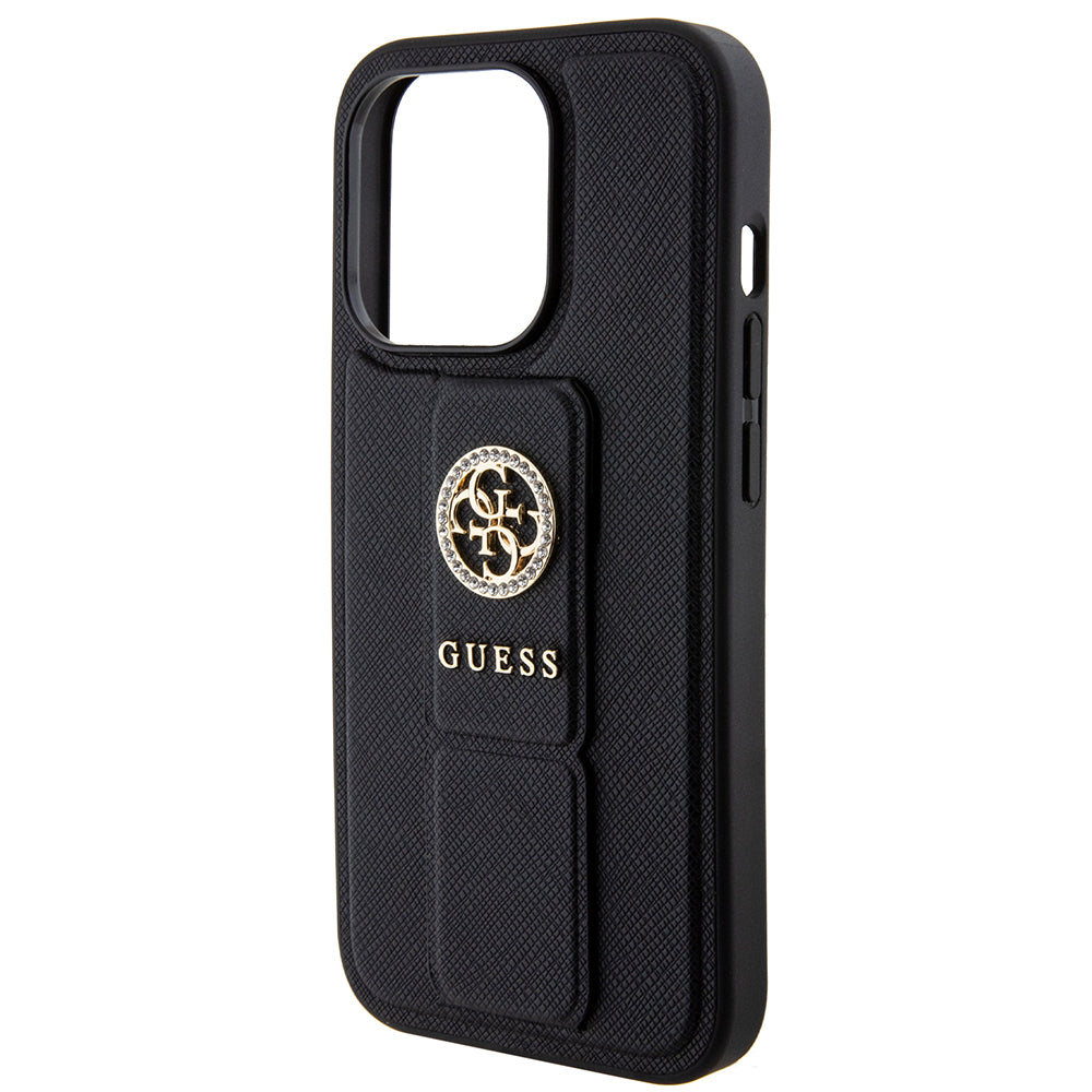 Étui pour Apple iPhone 15 Pro, Guess, Grip Stand 4G Saffiano Strass, Noir