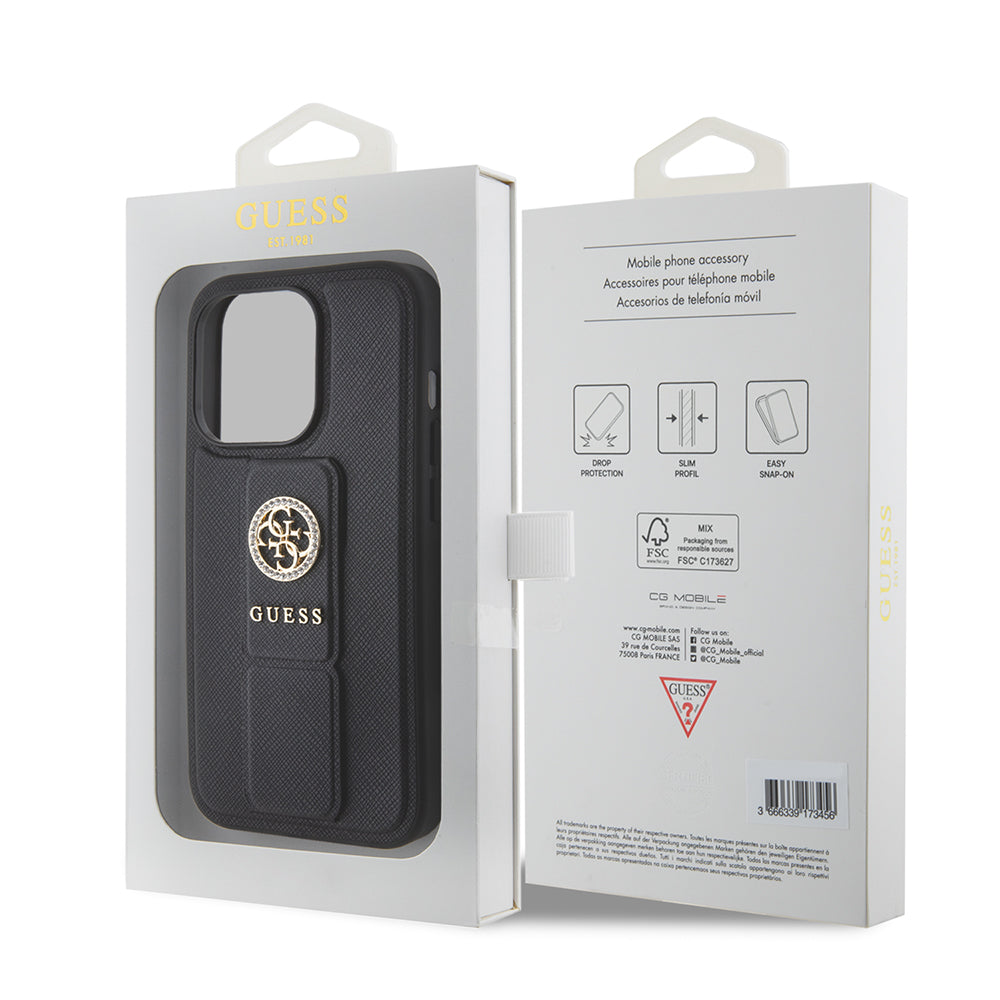 Étui pour Apple iPhone 15 Pro, Guess, Grip Stand 4G Saffiano Strass, Noir