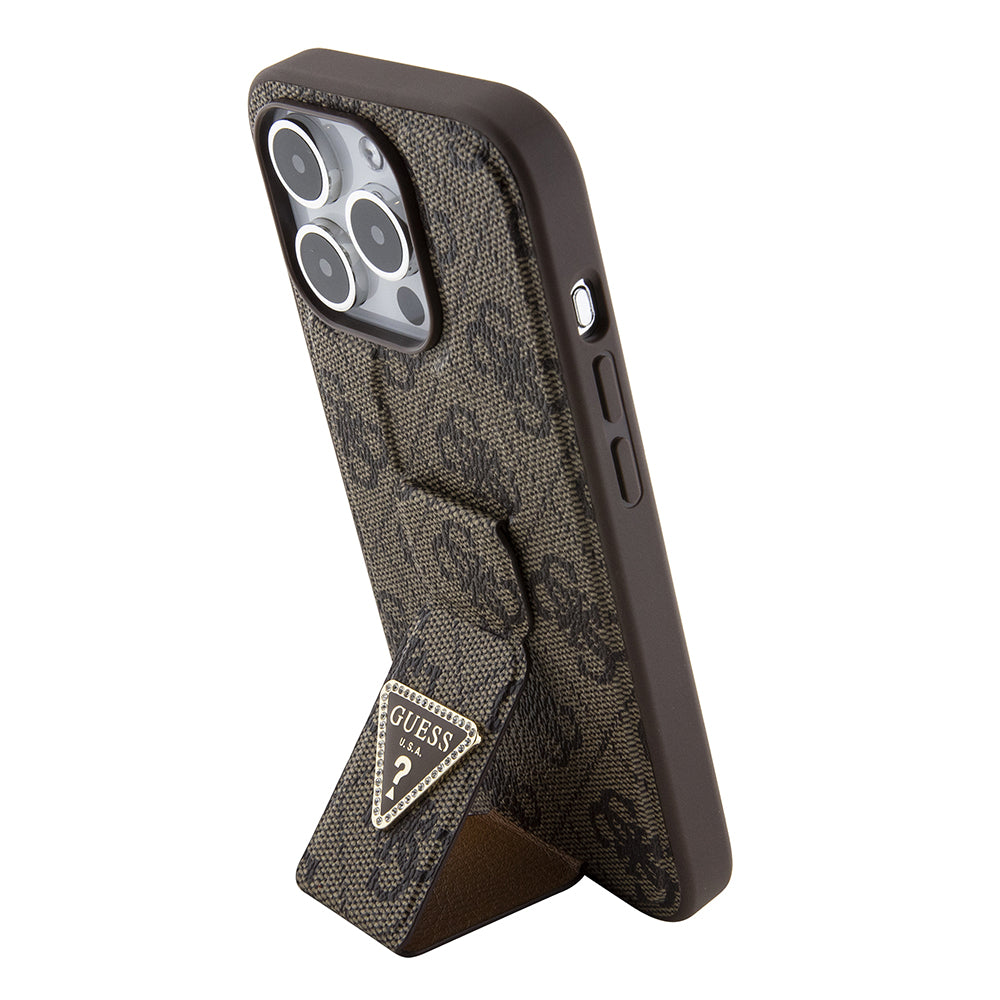 Hoes voor Apple iPhone 15 Pro, Guess, Grip Stand 4G Triangle Strass, Bruin