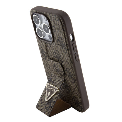 Hoes voor Apple iPhone 15 Pro, Guess, Grip Stand 4G Triangle Strass, Bruin