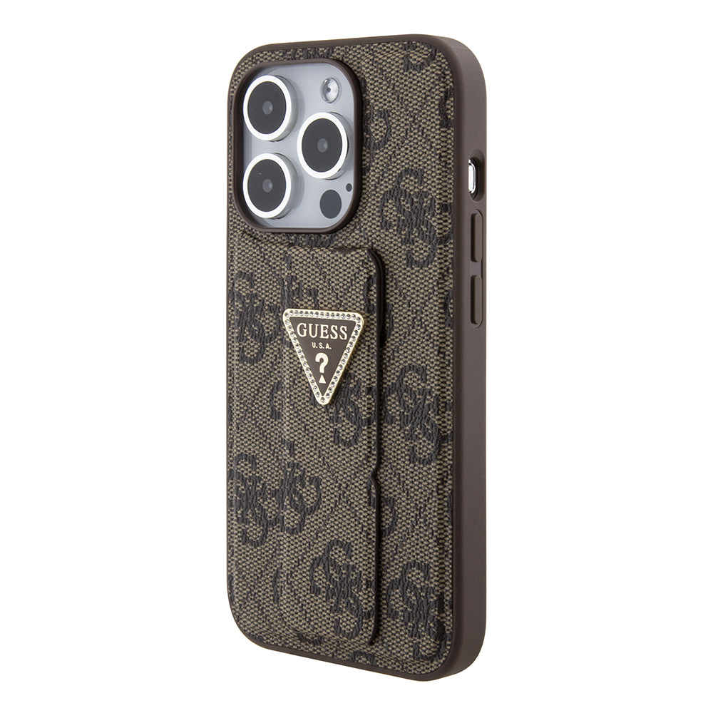 Hoes voor Apple iPhone 15 Pro, Guess, Grip Stand 4G Triangle Strass, Bruin