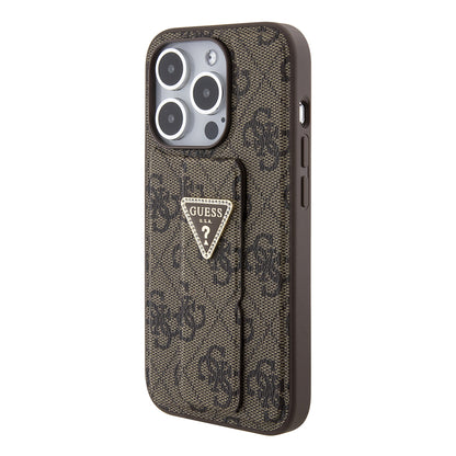 Hoes voor Apple iPhone 15 Pro, Guess, Grip Stand 4G Triangle Strass, Bruin