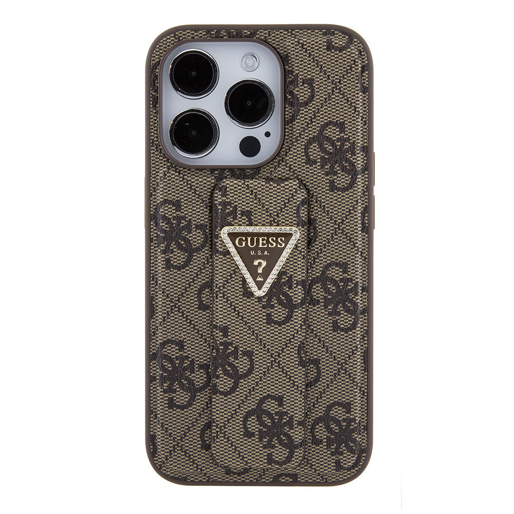 Hoes voor Apple iPhone 15 Pro, Guess, Grip Stand 4G Triangle Strass, Bruin