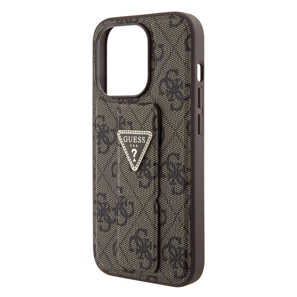 Hoes voor Apple iPhone 15 Pro, Guess, Grip Stand 4G Triangle Strass, Bruin