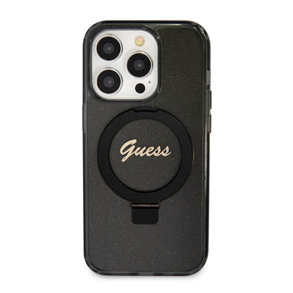 Coque MagSafe pour Apple iPhone 15 Pro, Guess, IML Ring Stand Glitter, Noire