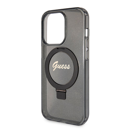 Coque MagSafe pour Apple iPhone 15 Pro, Guess, IML Ring Stand Glitter, Noire