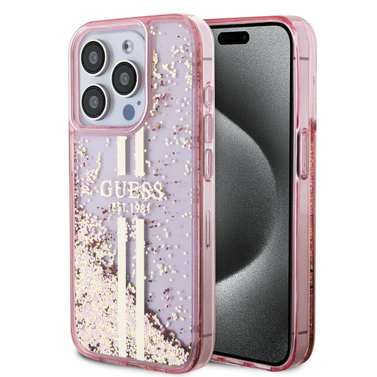 Étui pour Apple iPhone 15 Pro, Guess, Liquid Glitter Gold Stripes, Rose