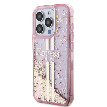 Étui pour Apple iPhone 15 Pro, Guess, Liquid Glitter Gold Stripes, Rose