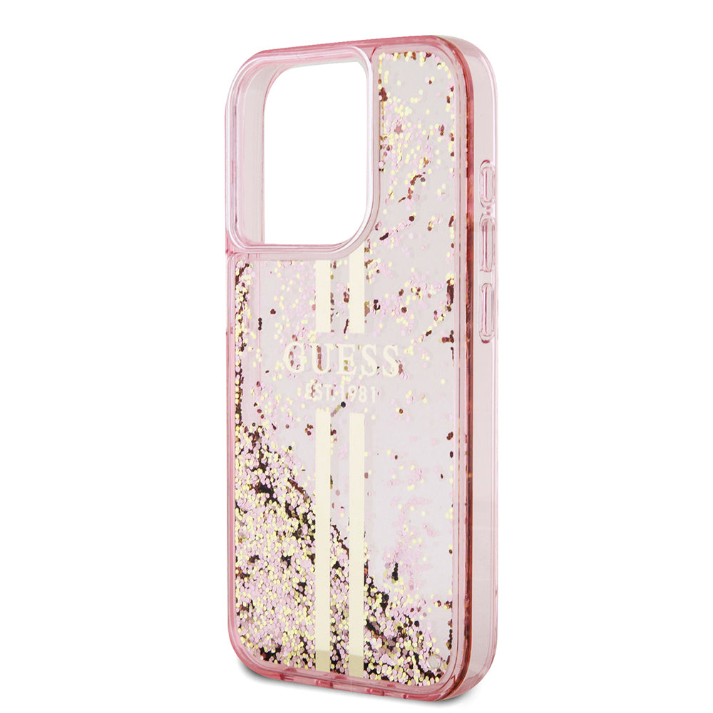 Étui pour Apple iPhone 15 Pro, Guess, Liquid Glitter Gold Stripes, Rose