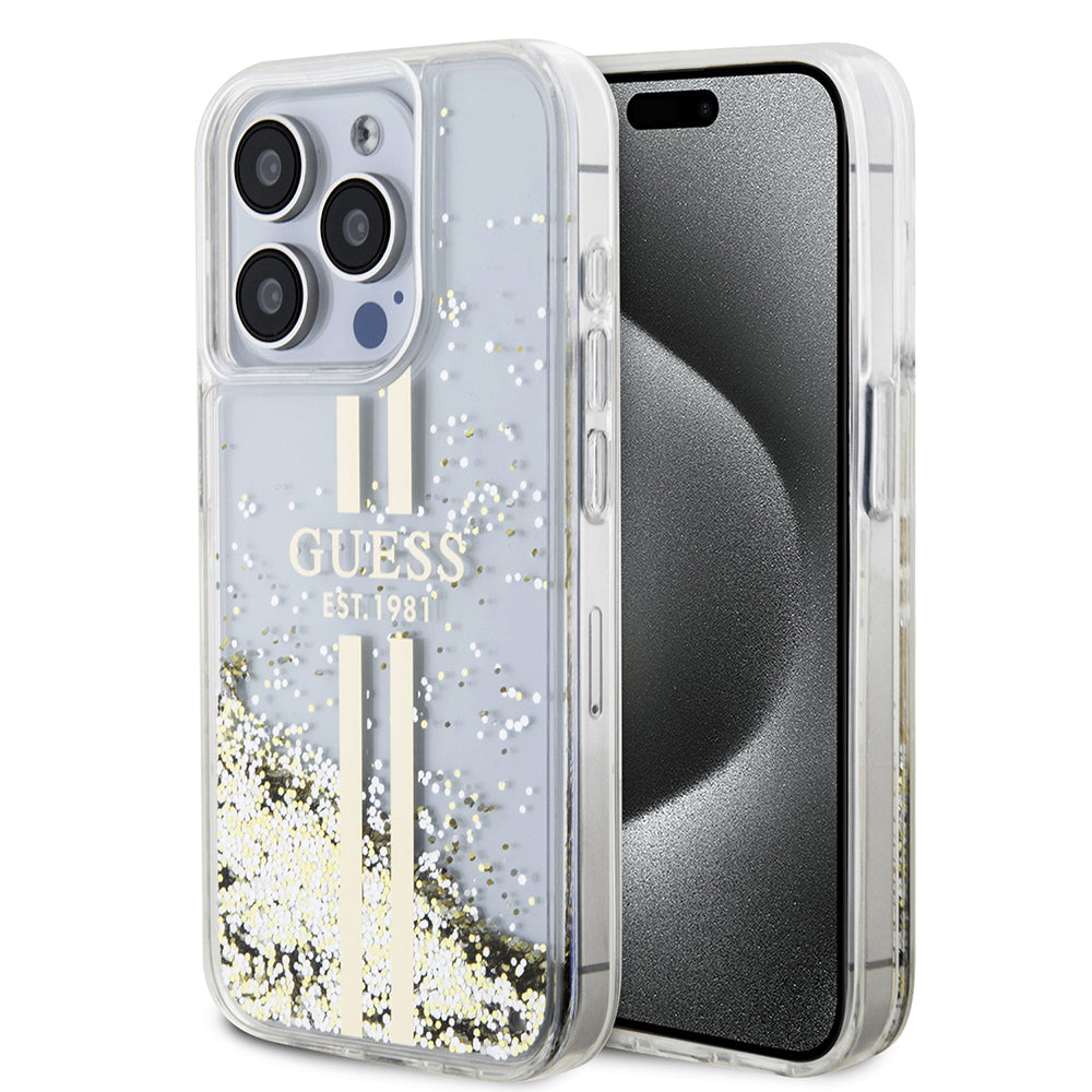 Étui pour Apple iPhone 15 Pro, Guess, Liquid Glitter Gold Stripes, Transparent