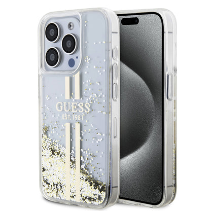 Étui pour Apple iPhone 15 Pro, Guess, Liquid Glitter Gold Stripes, Transparent
