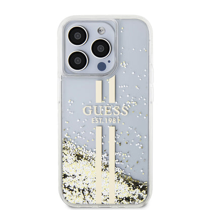Étui pour Apple iPhone 15 Pro, Guess, Liquid Glitter Gold Stripes, Transparent