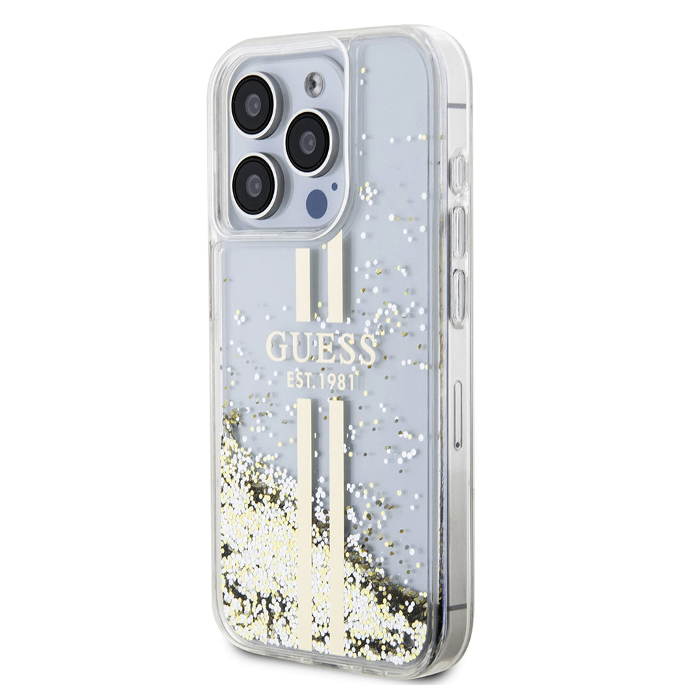 Étui pour Apple iPhone 15 Pro, Guess, Liquid Glitter Gold Stripes, Transparent