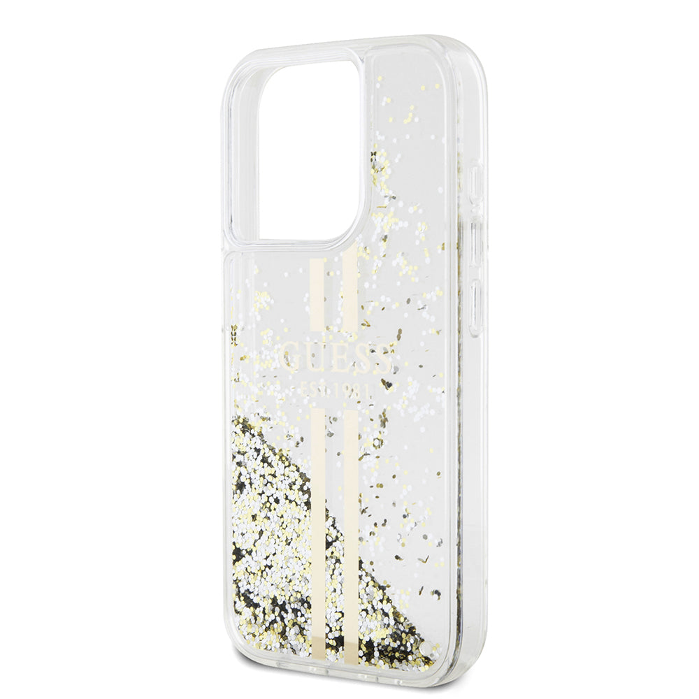 Étui pour Apple iPhone 15 Pro, Guess, Liquid Glitter Gold Stripes, Transparent