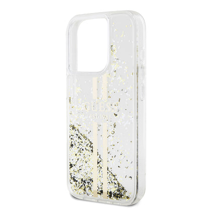 Étui pour Apple iPhone 15 Pro, Guess, Liquid Glitter Gold Stripes, Transparent
