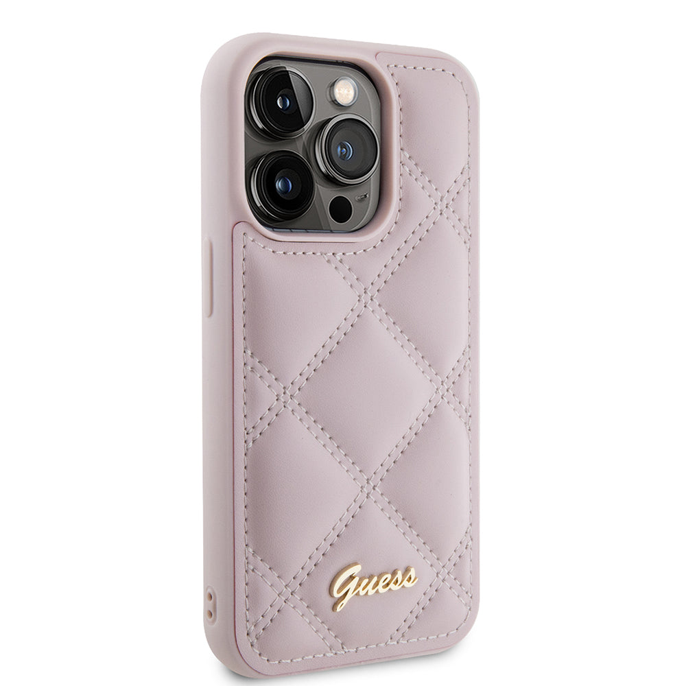 Étui pour Apple iPhone 15 Pro, Guess, Logo Métallique Matelassé, Rose