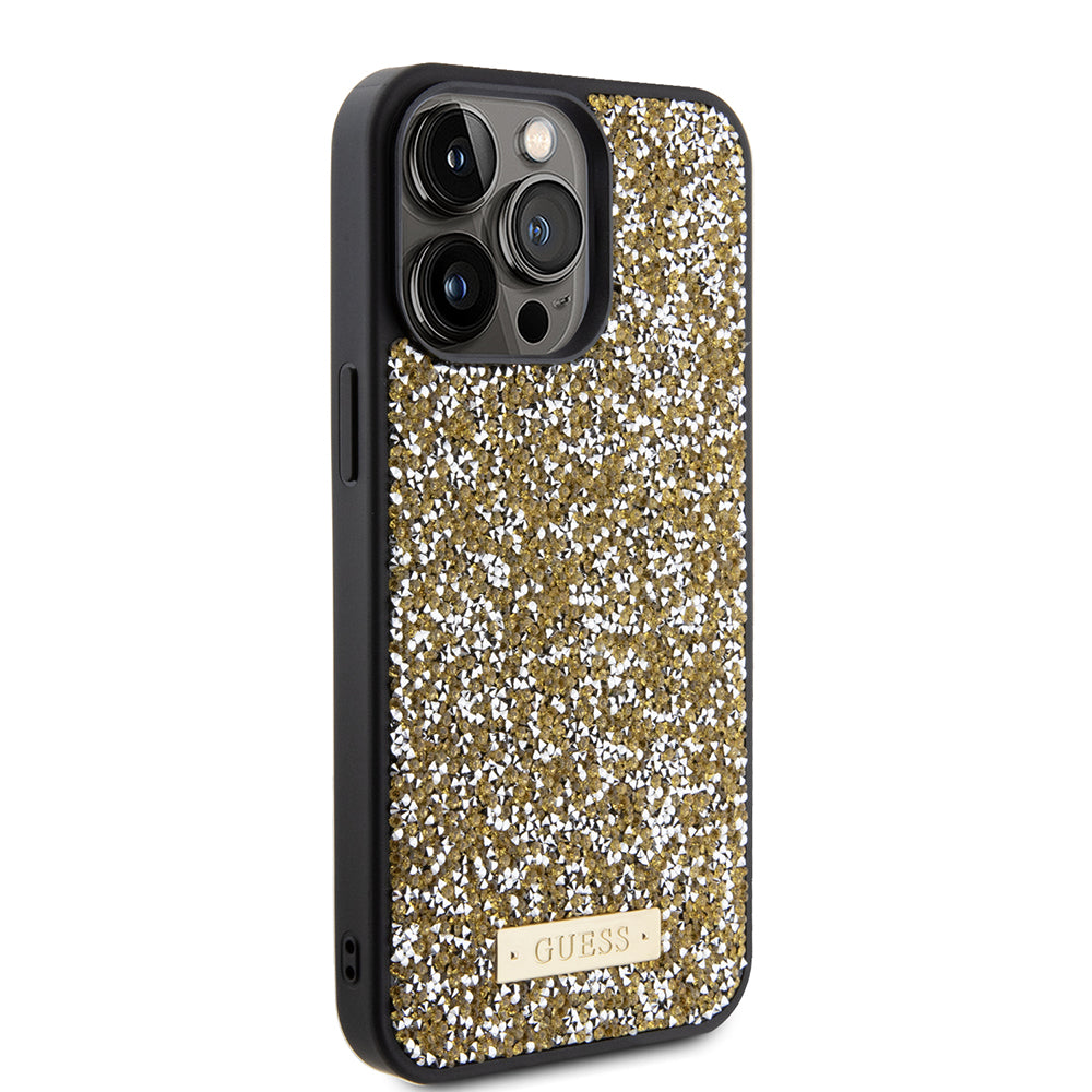 Étui pour Apple iPhone 15 Pro, Guess, Logo Métallique Strass, Jaune