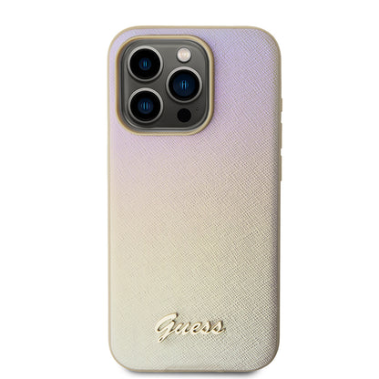 Hoes voor Apple iPhone 15 Pro, Guess, Saffiano Iridescent Script, Goud