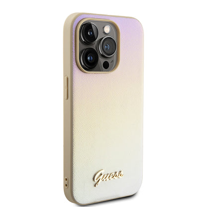 Hoes voor Apple iPhone 15 Pro, Guess, Saffiano Iridescent Script, Goud