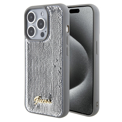 Hoes voor Apple iPhone 15 Pro, Guess, Sequin Script Metal, Zilverkleurig