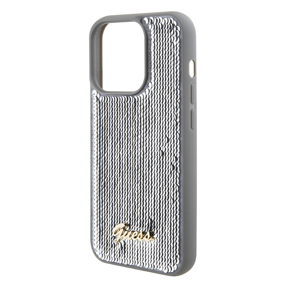 Hoes voor Apple iPhone 15 Pro, Guess, Sequin Script Metal, Zilverkleurig