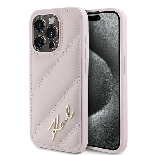 Hoes voor Apple iPhone 15 Pro, Karl Lagerfeld, Diagonal Quilted Script, Roze