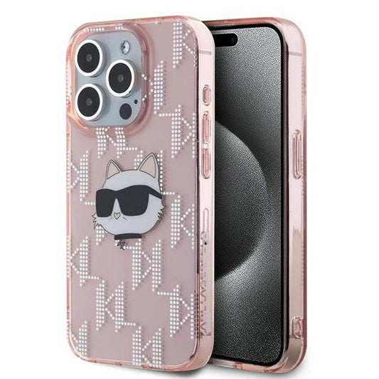 Hoes voor Apple iPhone 15 Pro, Karl Lagerfeld, IML Luxury Monogram Choupette's Head, Roze