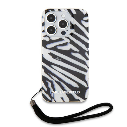 Étui pour Apple iPhone 15 Pro, Karl Lagerfeld, IML Luxury Zebra Pattern with Strap, Noir