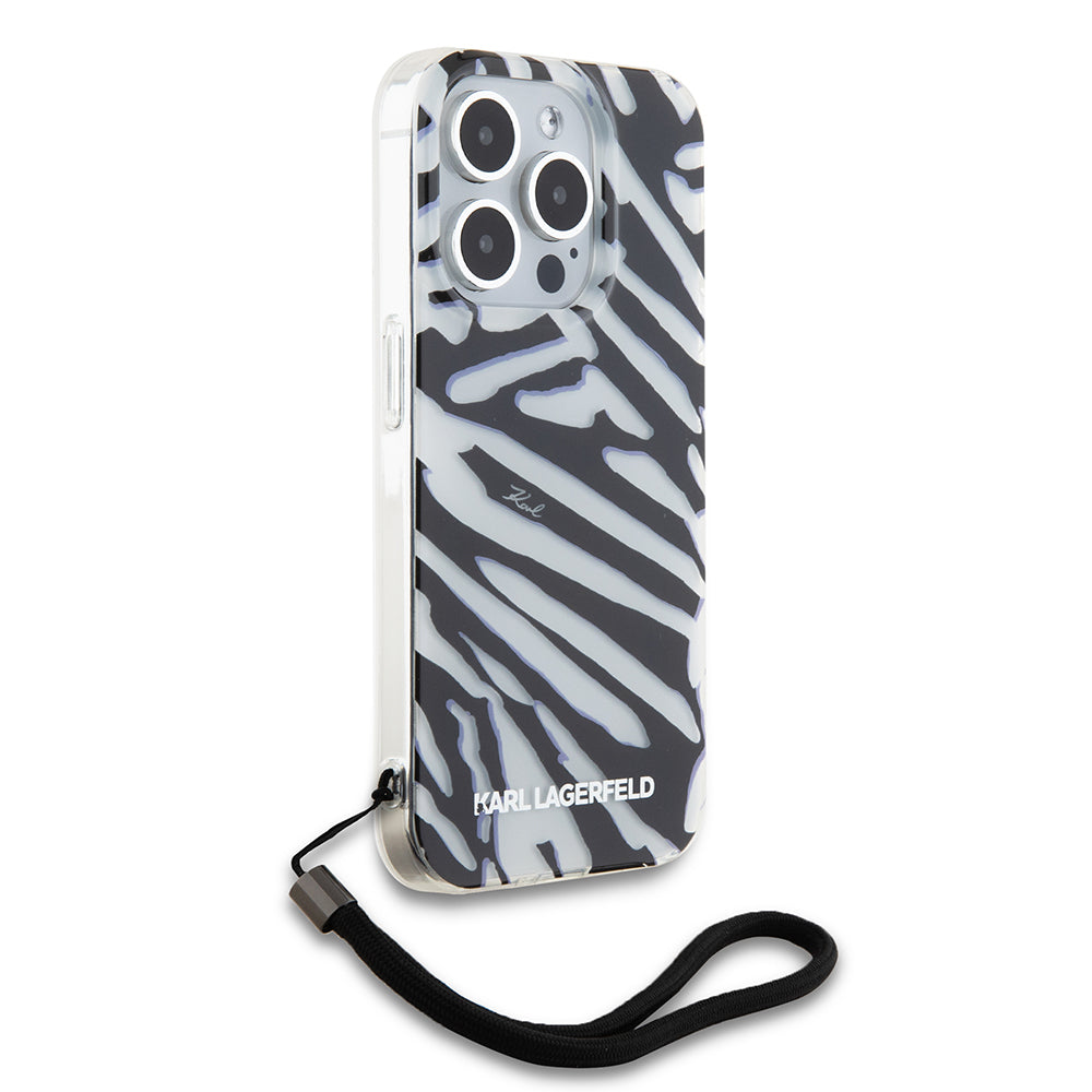 Étui pour Apple iPhone 15 Pro, Karl Lagerfeld, IML Luxury Zebra Pattern with Strap, Noir