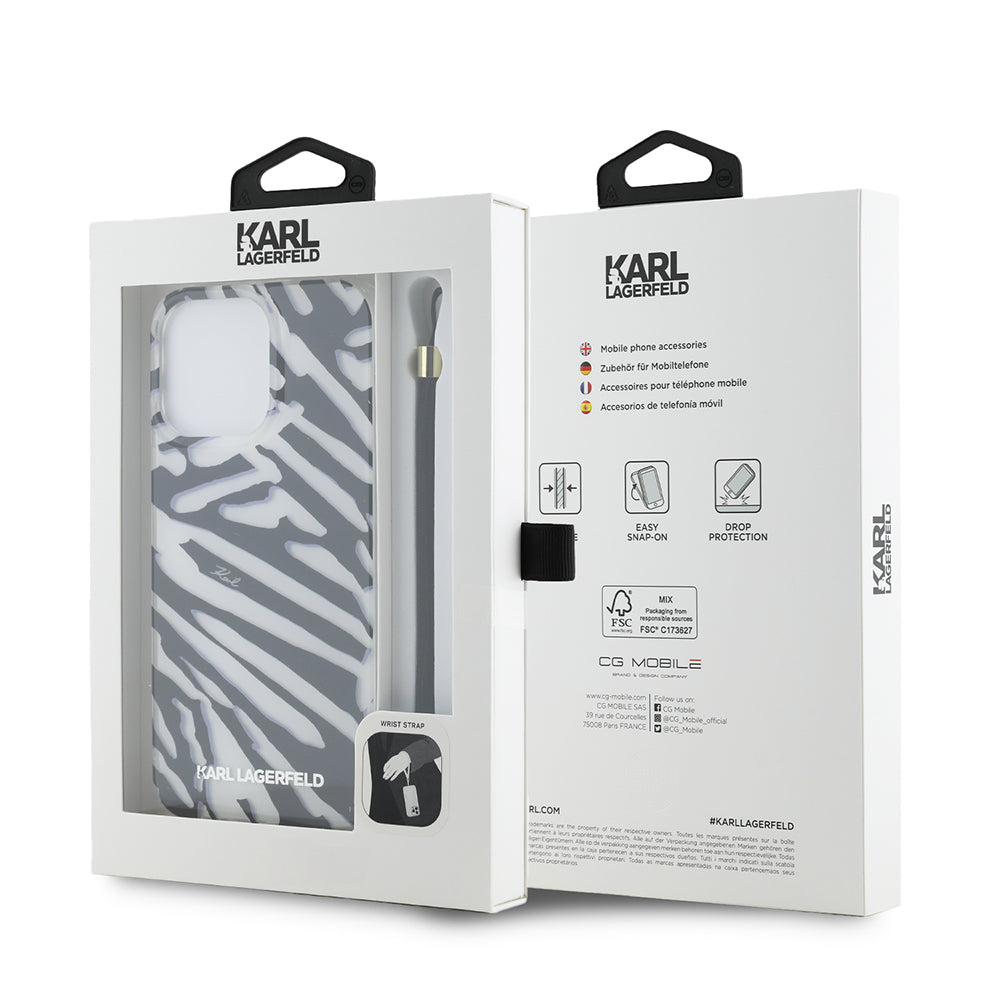 Étui pour Apple iPhone 15 Pro, Karl Lagerfeld, IML Luxury Zebra Pattern with Strap, Noir