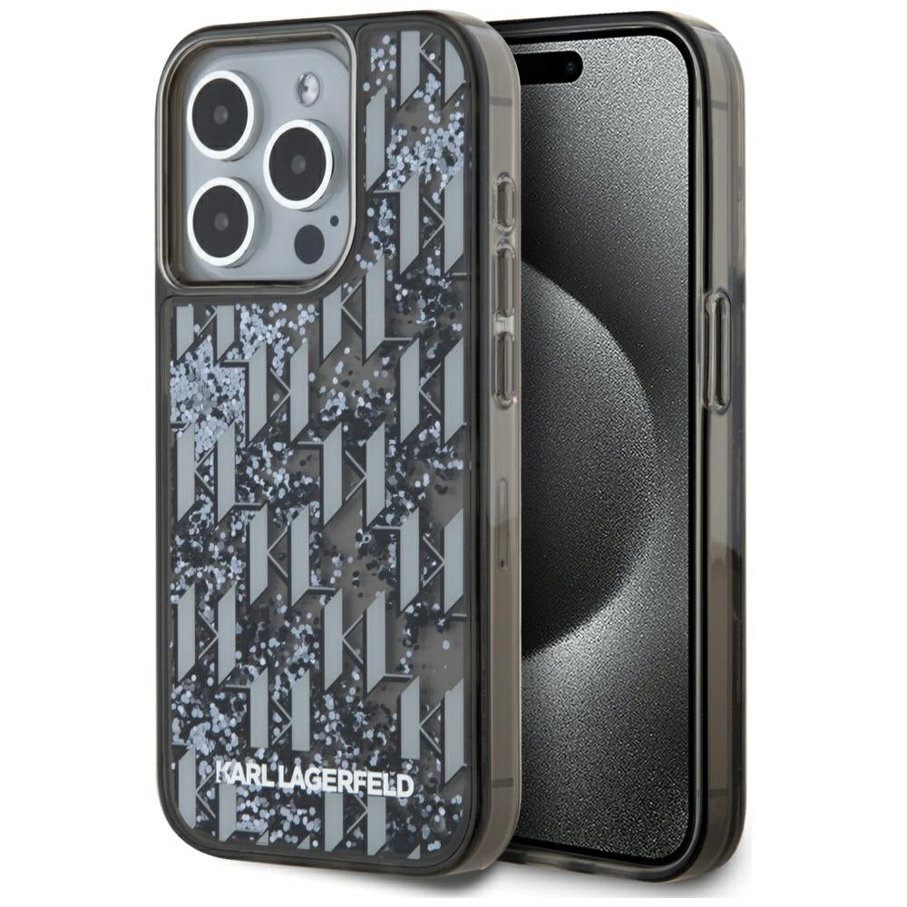 Étui pour Apple iPhone 15 Pro, Karl Lagerfeld, Monogramme à Paillettes Liquides, Noir