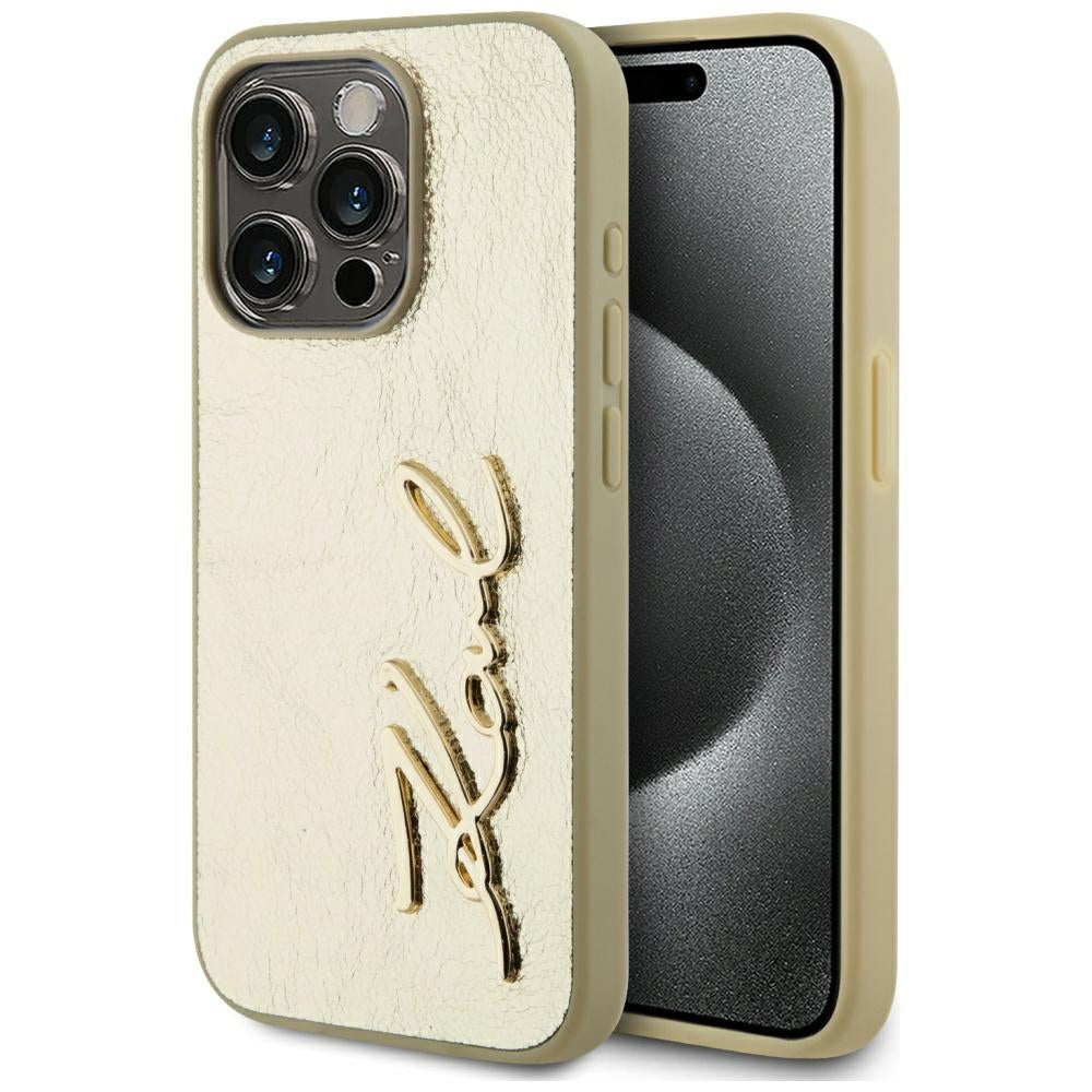 Hoes voor Apple iPhone 15 Pro, Karl Lagerfeld, Metal Signature, Goud