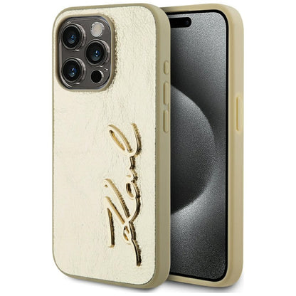 Hoes voor Apple iPhone 15 Pro, Karl Lagerfeld, Metal Signature, Goud