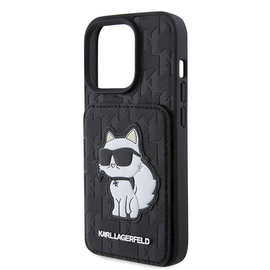 Hoes voor Apple iPhone 15 Pro, Karl Lagerfeld, Saffiano Cardslots en Stand Monogram Choupette, Zwart