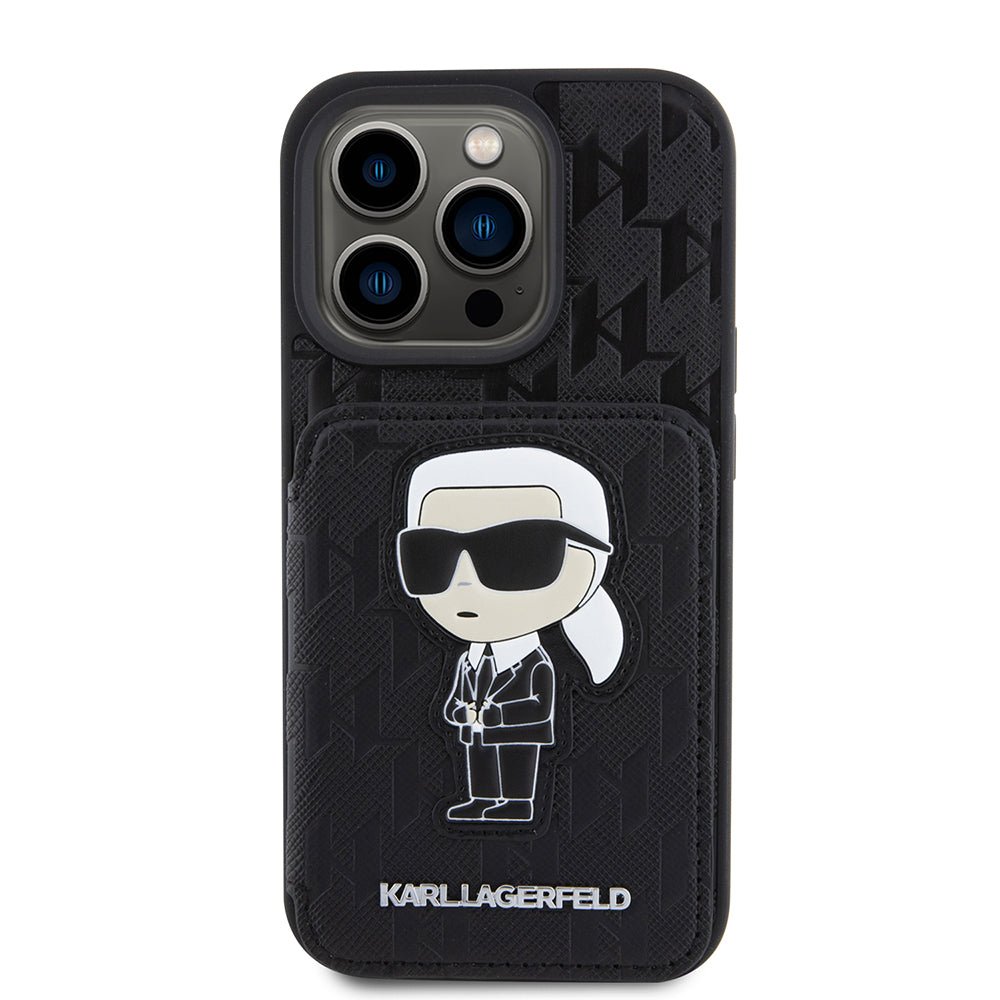 Hoes voor Apple iPhone 15 Pro, Karl Lagerfeld, Saffiano Cardslots en Stand Monogram Ikonik Karl, Zwart