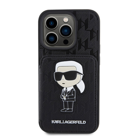 Hoes voor Apple iPhone 15 Pro, Karl Lagerfeld, Saffiano Cardslots en Stand Monogram Ikonik Karl, Zwart