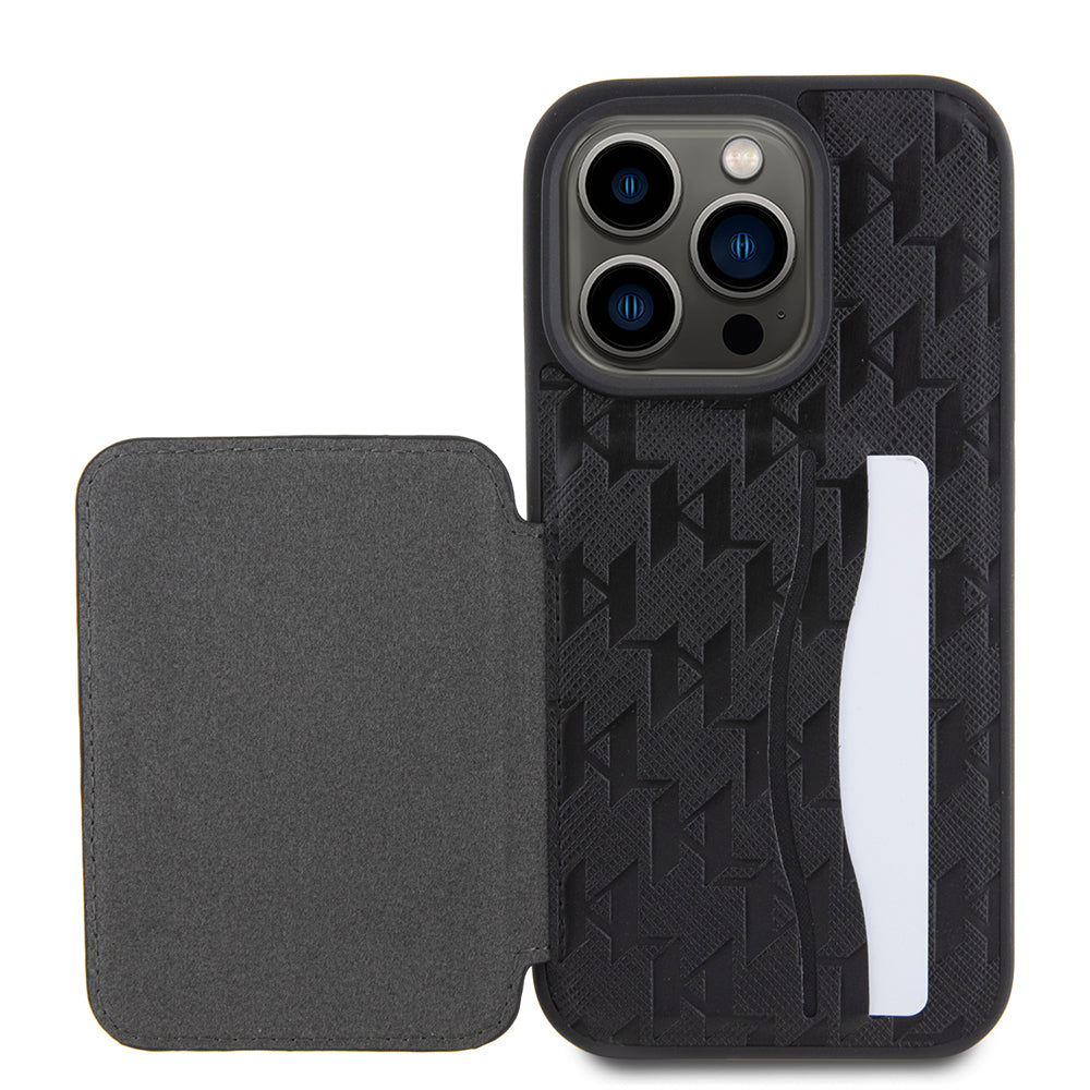 Hoes voor Apple iPhone 15 Pro, Karl Lagerfeld, Saffiano Cardslots en Stand Monogram Ikonik Karl, Zwart