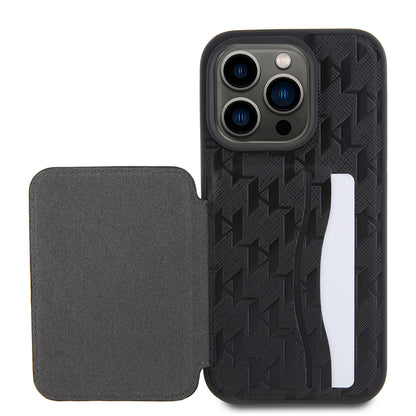 Hoes voor Apple iPhone 15 Pro, Karl Lagerfeld, Saffiano Cardslots en Stand Monogram Ikonik Karl, Zwart
