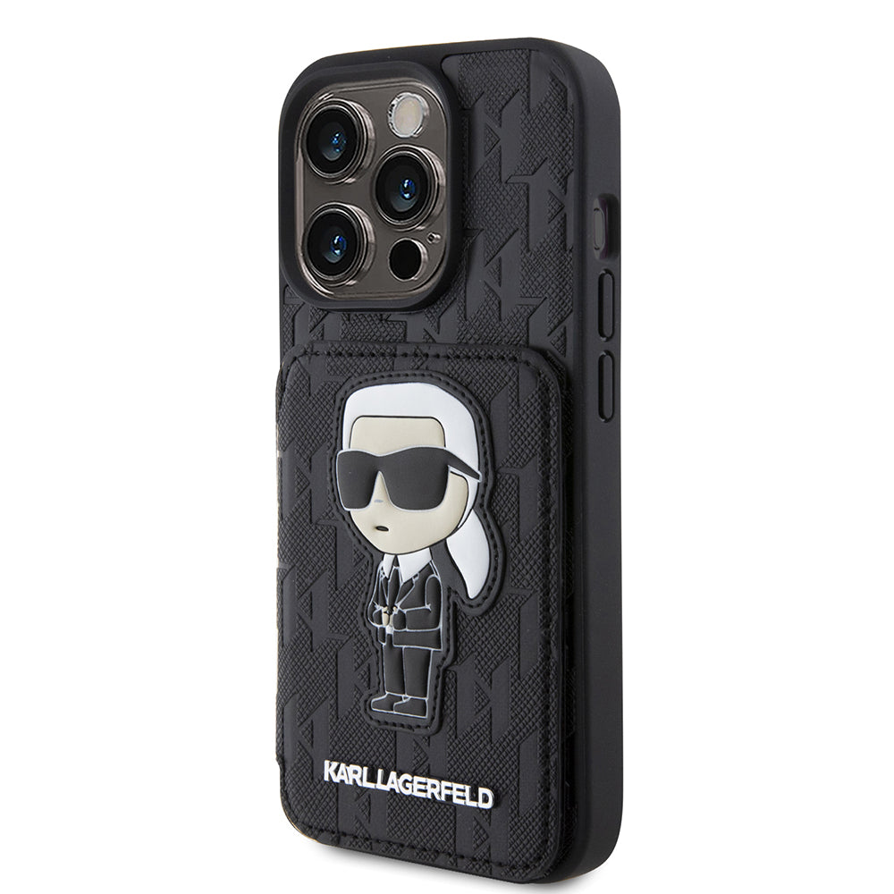 Hoes voor Apple iPhone 15 Pro, Karl Lagerfeld, Saffiano Cardslots en Stand Monogram Ikonik Karl, Zwart