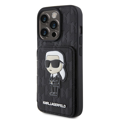 Hoes voor Apple iPhone 15 Pro, Karl Lagerfeld, Saffiano Cardslots en Stand Monogram Ikonik Karl, Zwart