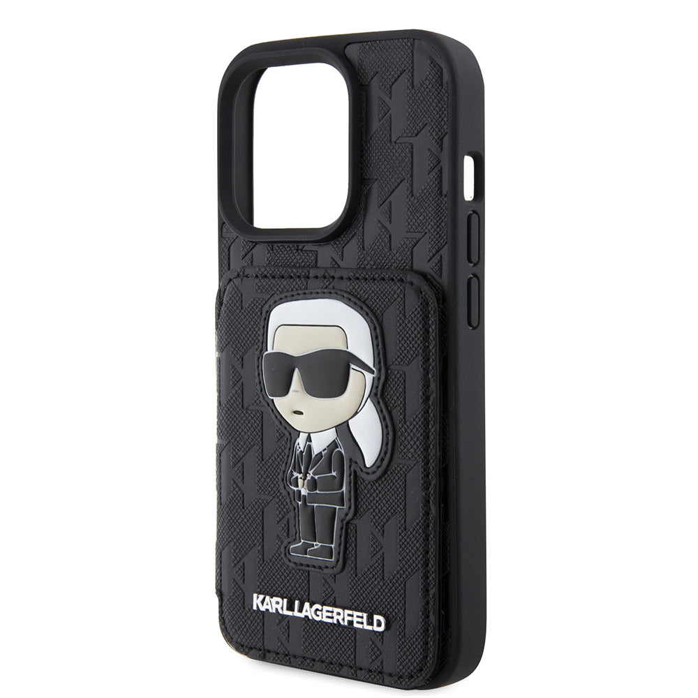 Hoes voor Apple iPhone 15 Pro, Karl Lagerfeld, Saffiano Cardslots en Stand Monogram Ikonik Karl, Zwart