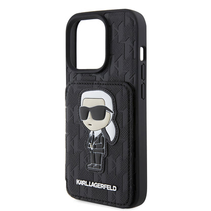 Hoes voor Apple iPhone 15 Pro, Karl Lagerfeld, Saffiano Cardslots en Stand Monogram Ikonik Karl, Zwart