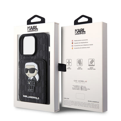 Hoes voor Apple iPhone 15 Pro, Karl Lagerfeld, Saffiano Cardslots en Stand Monogram Ikonik Karl, Zwart