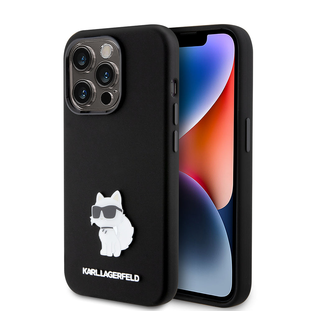 Hülle für Apple iPhone 15 Pro, Karl Lagerfeld, Silicone Choupette Metal, Schwarz